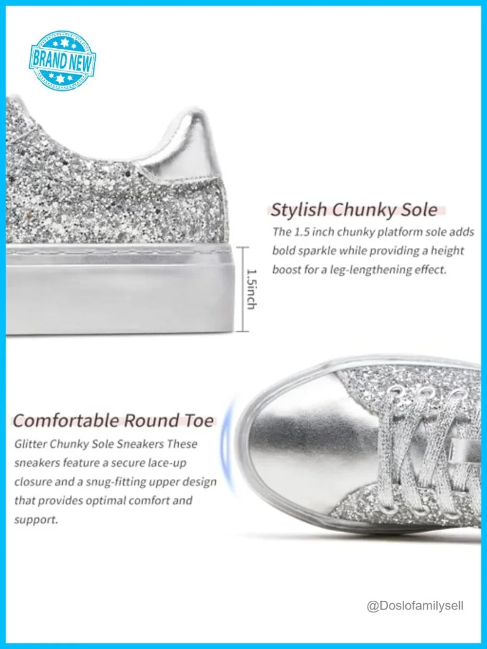 Glitter Platform Sneakers Lace-Up Chunky Low-Top Tennis Shoes
